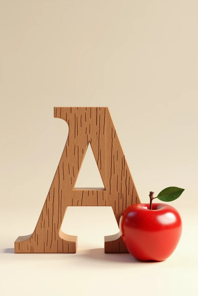 A letter A made of wood next to an apple