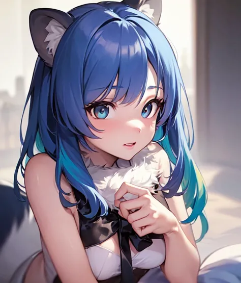 (fluffy anthro fur:1.3), Furry Raccoon, (Michiru:1.1), small breasts, 1 girl, Alone, Blue hair, (Multi-colored eyes:1.3), Fuchsohren, portrait