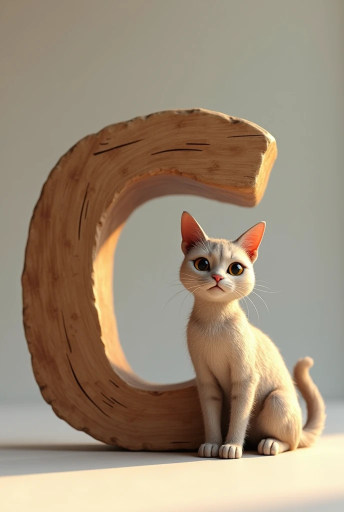 letter C made of wood next to a cat