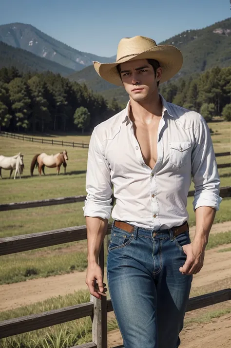 The Charming Cowboy: Hyper realistic image of a tall, lean, and muscular 20-year-old cowboy stands in the middle of a sun-drenched ranch. His smooth white skin contrasts with the worn, red flannel shirt partially unbuttoned to reveal his large chest:1.5. H...