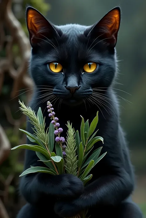 Black cat holding natural herbs