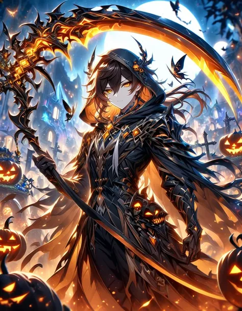 absurdres, highres, ultra detailed, HDR, master piece, best quality, detailed eyes, detailed face, Zhongli, dark brown hair, expressive yellow eyes, Genshin Impact, fantasy, magical, solo, sexy man, adult face, handsome, sensual, The Death, skeleton hands,...