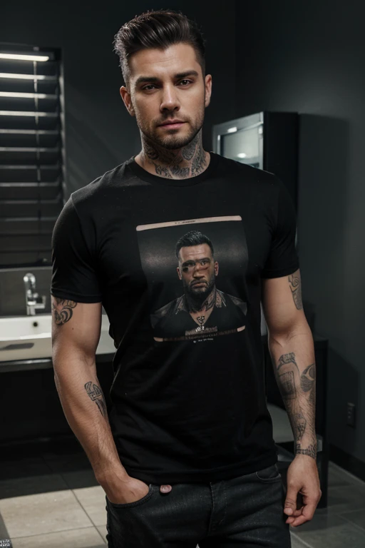 HD photo, realistic image, blank T-shirt mockup, handsome tattooed man, full body, centered, black T-shirt