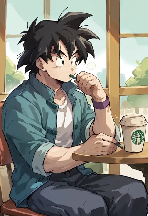 boy sitting at a table drinking a starbucks coffee while checking his phone the boy has messy black hair black eyes he is muscul...