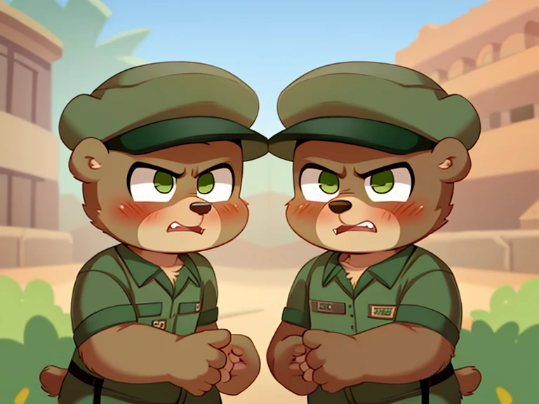 young furry bear green army uniform military hat green angry face background army apron