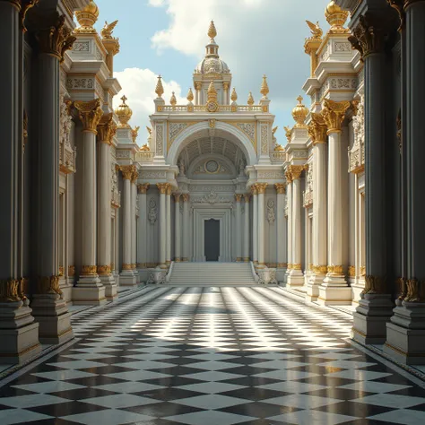 An immense palace, sacred, with black and white square floor.