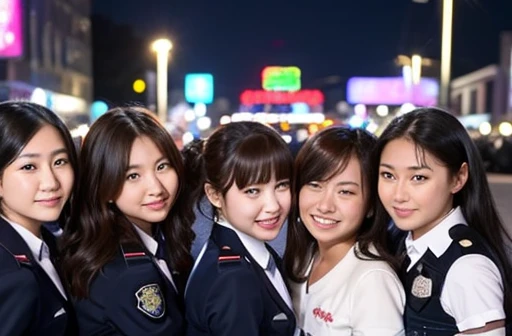 A group photo of four people - a female police officer, a female high school student she had taken into custody, her mother, and her homeroom teacher - taken with the entertainment district at night as a backdrop.。４Cute women。四人All womenね！！All women！！！