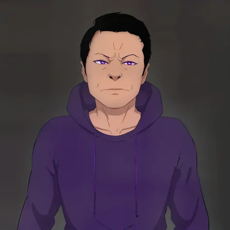 a man, wearing a purple sweatshirt, black hair, waking up, tired expression (MICHAEL AFTON FROM FNAF BAGGITON)