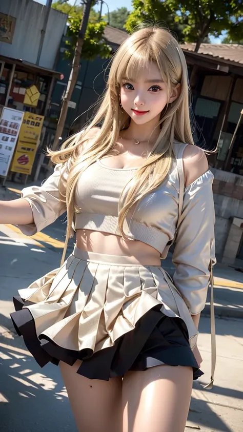 One beautiful girl、round face、Big eyes、Droopy eyes、Fair and lustrous skin、Her hair is a platinum gold bob.。The outfit is metallic gold and made of shiny material.、School uniform style two-piece off-the-shoulder、Off West、The skirt is a shiny metallic silver...