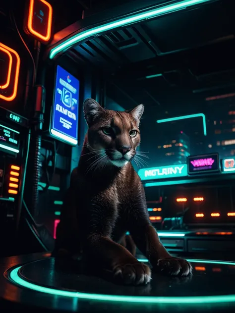 A close-up picture of a cougar in the futuristic cyberpunk neon tron world, cyberpunk city landscape, detailed intricate architecture, glowing neon lights, dramatic lighting, moody atmosphere, cinematic composition, vibrant colors, 8k, photorealistic, mast...