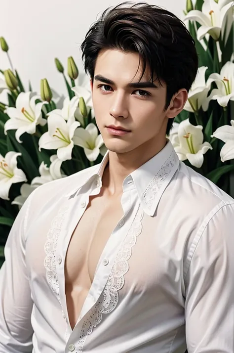 Glamour in a field of lilies:
Hyper realistic image of a young man with an athletic, muscular build stands in a field of white lilies, his smooth white skin glowing against the background. (His half-open white silk shirt, detailed with lace-like floral pat...