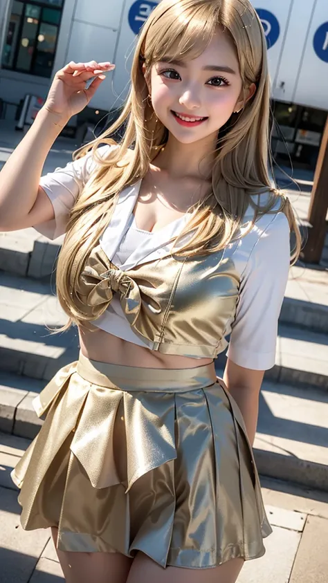 One beautiful girl、round face、Big eyes、Droopy eyes、Fair and lustrous skin、Her hair is a platinum gold bob.。The outfit is metallic gold and made of shiny material.、School uniform style two-piece off-the-shoulder、Off West、The skirt is a shiny metallic silver...