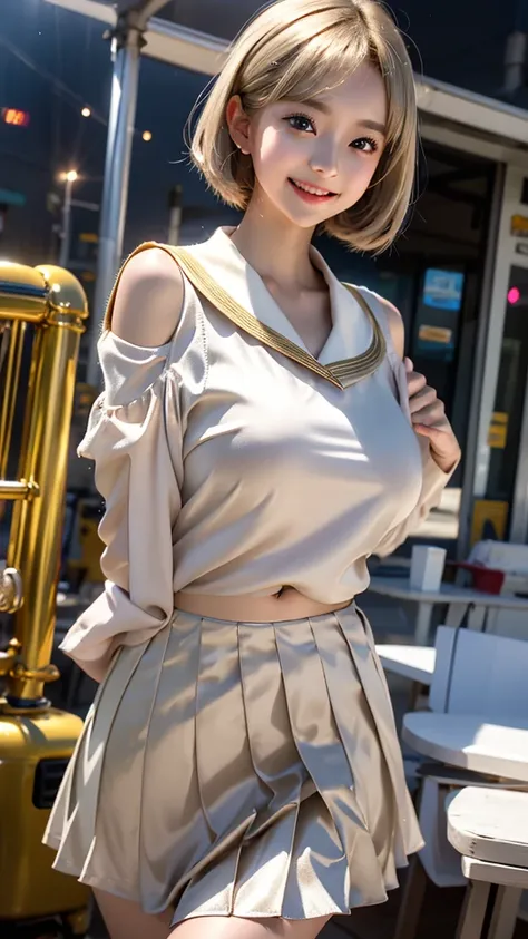 One beautiful girl、round face、Big eyes、Droopy eyes、Fair and lustrous skin、Her hair is a platinum gold bob.。The outfit is metallic gold and made of shiny material.、School uniform style two-piece off-the-shoulder、Off West、The skirt is a shiny metallic silver...