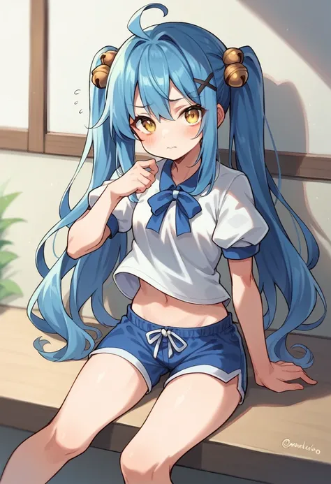 amamiya kokoro, 1girl, solo, long hair, looking at viewer, blush, shirt, navel, ribbon, closed mouth, sitting, twintails, blue hair, yellow eyes, ahoge, short sleeves, shorts, puffy sleeves, twitter username, x hair ornament, jingle bell, hair bell