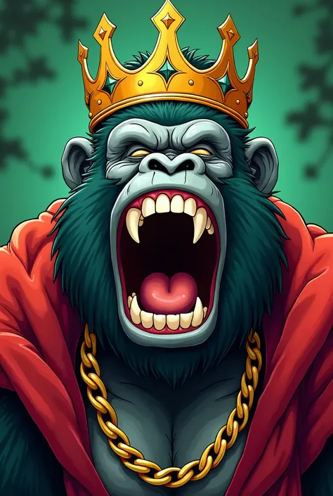 GERAR UM LOGO PARA UMA MARCA DE CAMISETAS URBANAS QUE SEJA MAIS COLORIDA COM UMA IMAGEM DE " close-up image of a massive gorilla dressed in royal attire, wearing a golden crown and a red velvet robe. The gorillas eyes are closed tightly with joy, and its m...