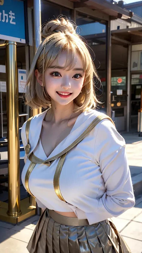 One beautiful girl、round face、Big eyes、Droopy eyes、Fair and lustrous skin、Her hair is a platinum gold bob.。The outfit is metallic gold and made of shiny material.、School uniform style two-piece off-the-shoulder、Off West、The skirt is a shiny metallic silver...