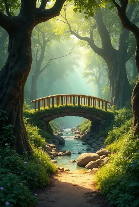 the path in the woods with a bridge

