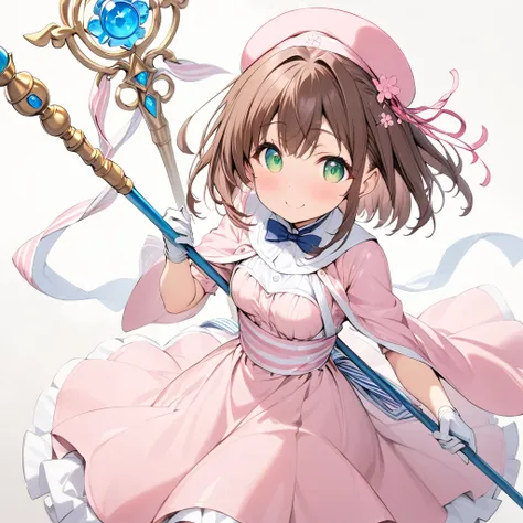 masterpiece, Best Quality, High resolution, Sakura Kinomoto, One girl, Brown Hair, short hair, Antenna Hair, Pink hat, green eyes, Capelet, Pink dress made of shiny enamel-like material, Striped ribbon, Long sleeve, White gloves, Clothes made of shiny mate...