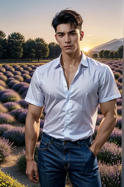 Surrounded by lavender under a golden sky:
Hyper realistic image of a tall, lean, and muscular young man stands amid a vast field of lavender flowers, their soft purple hues contrasting with his smooth, white skin. (His silk shirt, partially open, is a dee...