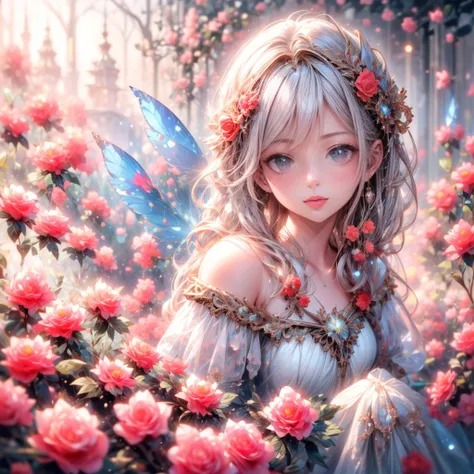 masterpiece: 1.2, highres,32k, photorealistic: 1.37, ultra-detailed: 1.2, flower fairy, crimson transparent dress (flowing), beautiful delicate(hair,face,eyes,lips,clothes),delicate pupils,sparkling eyes,brilliant rosy lips,classic garden, colorful flowers...