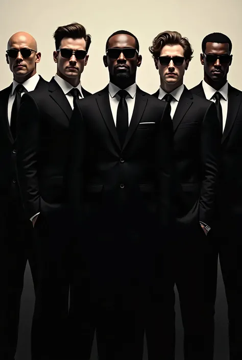 The image will show a group of five men standing together, each wearing black suits, black sunglasses, and a professional expression, styled similarly to Men in Black agents. They’re arranged in a line with a simple, neutral background that subtly conveys ...