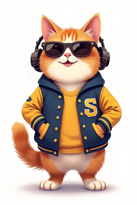 a cute cat wearing a student team jacket, sunglasses, and headphones, centered in the frame, looking at the camera with a cheerful expression, standing in a dynamic and centered pose against a white background, highly detailed, smooth, sharp focus, 8K high...