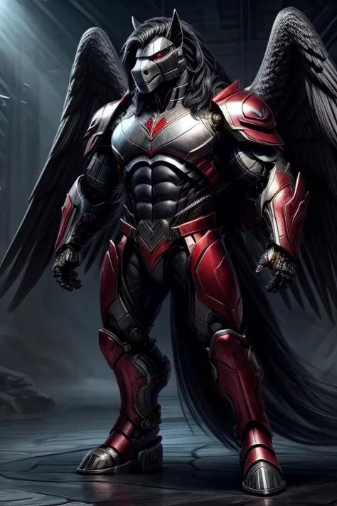 pegasus with human body, muscular and strong body, cyborg body, red armor, black mane, humanoid, full body.