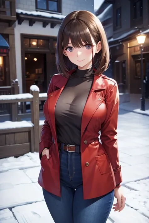 my grandmother、Shiny brown hair, Short Hair, (Beautiful brown eyes、Sparkling eyes, Fine grain)、smile、超Detailed eyes、Highly detailed face, 非常にDetailed eyes,Cowboy Shot、



(High image quality, High resolution, The finer details), Winter Town, BREAK Big red ...