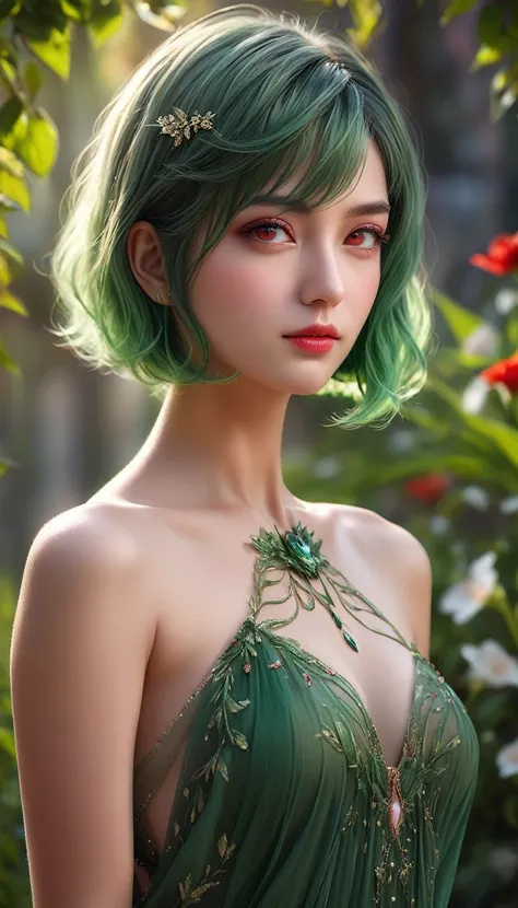 1girl, green hair, red eyes, dress, short hair, (alone:1.3), (best quality,4k,8k,highres,masterpiece:1.2),ultra-detailed,(realistic,photorealistic,photo-realistic:1.37),elegant,intricate,whimsical,fantasy,magical,ethereal,cinematic lighting,dramatic shadow...