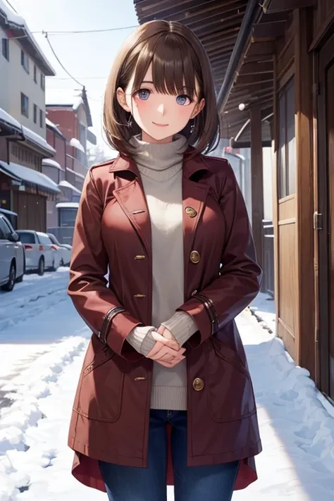 my grandmother、Shiny brown hair, Short Hair, (Beautiful brown eyes、Sparkling eyes, Fine grain)、smile、超Detailed eyes、Highly detailed face, 非常にDetailed eyes,Cowboy Shot、



(High image quality, High resolution, The finer details), Winter Town, BREAK Big red ...