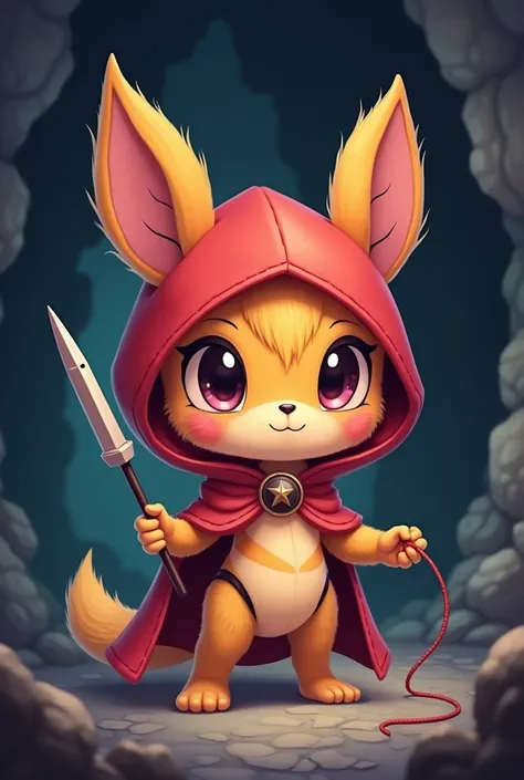 hornet, cute, chibi, no feet, furry female, anthro, needle weapon, thread, standing, solo, red cloak, (best quality), (detailed dark cave background:1.2), looking at viewer, holding weapon, flat colors, nsfw, flashing boobs, pink nipples, , small frame