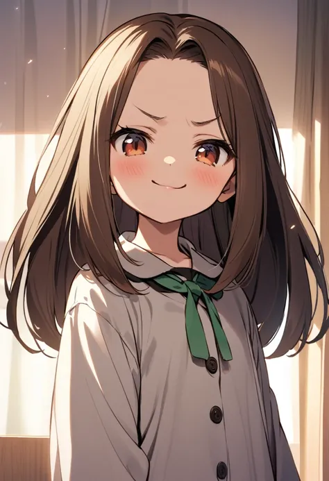 Smug {7th grader} girl, medium-length hair, black or brown hair, curtain bangs, forehead, light skin, petite