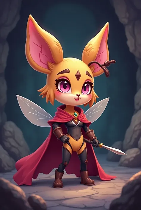 hornet, cute, chibi, no feet, furry female, anthro, needle weapon, thread, standing, solo, red cloak, (best quality), (detailed dark cave background:1.2), looking at viewer, holding weapon, flat colors, flashing boobs, pink nipples, , small frame