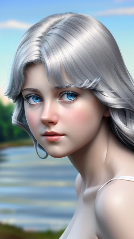 masterpiece, realistic, 8k, (1 young girl:1.5), , russo, blue eyes, flat chest with beautiful erect nipples, naked, (ruffled silver (gray-Haired) Hair:1.1), (полудлинные Hair:1.1), Looking into the distance, sad、Turning