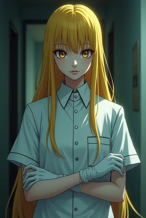 a girl, Madaraki Fran, standing in a surgeons uniform, detailed face, clean hands, long yellow hair, visible body scars, creepy expression, intimidating look, yandere, high quality, 8k, photorealistic, masterpiece, digital art, cinematic lighting, striking...