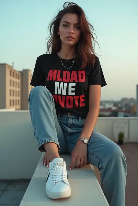 Une magnifique photo, avec les moindres détails, dune femme portant un jean moulant sexy, un t-short noir avec ABER écrit dessus en rouge  et blanc et des baskets blanches, assise sur le mur du toit de la maison et regardant directement le spectateur, la v...