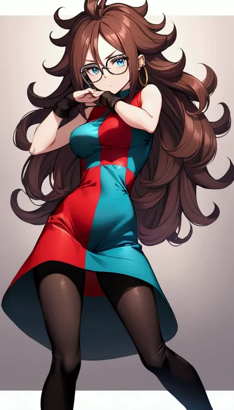 Android 21, Brown Hair, Long Hair, Curly Hair, blue eyes, Hoop Earrings, Checked dress, Sleeveless, Black Pantyhose, White, Glasses, Knee-length dress, random pose,