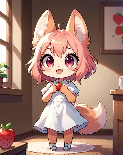 score_9, score_8_up, score_7_up, score_6_up, score_5_up, score_4_up, little fox, kid girlfox, sakura fur, face similar to Diane Foxington, kid, with hair, pink hair, short hair, pink eyes, cute kid, alone, white dress, dress with strawberry pattern, open m...