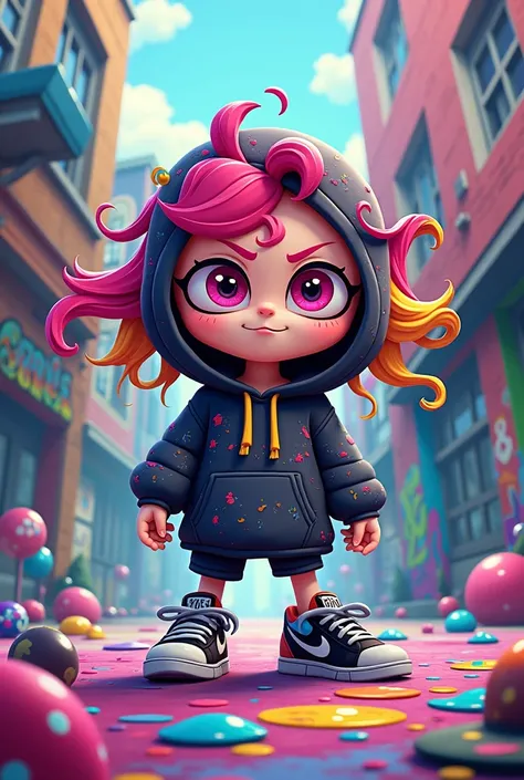 ((masterpiece)), ((ultra-detailed, 8k quality)), (pixel art), (Inkling character), (bright expressive features), (large round eyes), (colorful ink splashes), (oversized hoodie with unique pattern), (trendy sneakers), (tentacle-like flowing hair in differen...