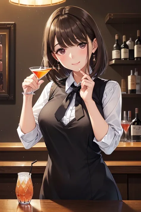 my grandmother、Shiny brown hair, Short Hair, (Beautiful brown eyes、Sparkling eyes, Fine grain)、smile、Ultra-detailed eyes、Highly detailed face, Highly detailed eyes,Cowboy Shot、



One woman standing, (holding up Cocktail Glass) (presenting Cocktail Glass t...