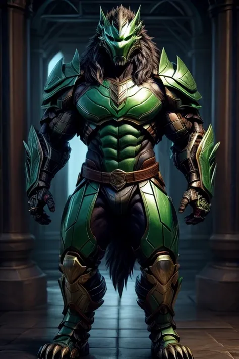 grifon with human body, muscular and strong body, cyborg body, green armor, humanoid, full body.