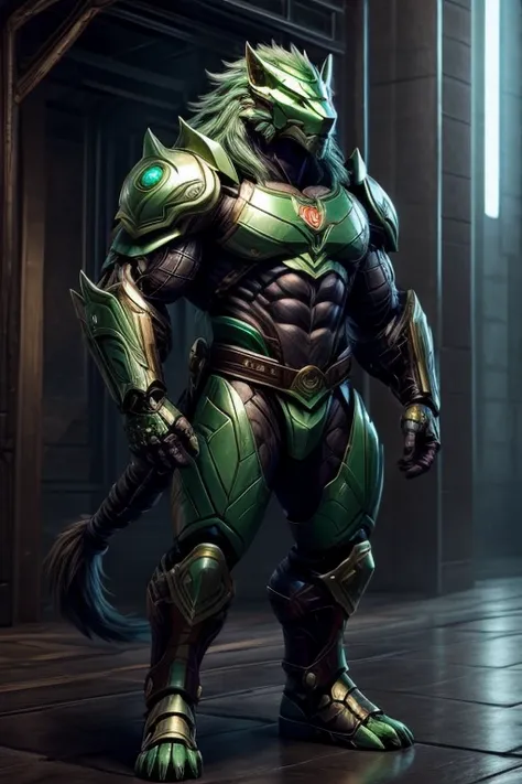 grifon with human body, muscular and strong body, cyborg body, green armor, humanoid, full body.