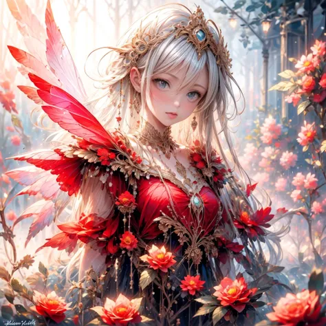 masterpiece: 1.2, High resolution,32K, Realistic: 1.37, Super detailed: 1.2, Flower Fairy, Crimson Transparent Dress (Flowing), Beautiful and delicate(hair,face,eye,lips,thigh,Clothes),Delicate eyes,sparkling eye,Shiny red lips,Classic Garden, Colorful flo...