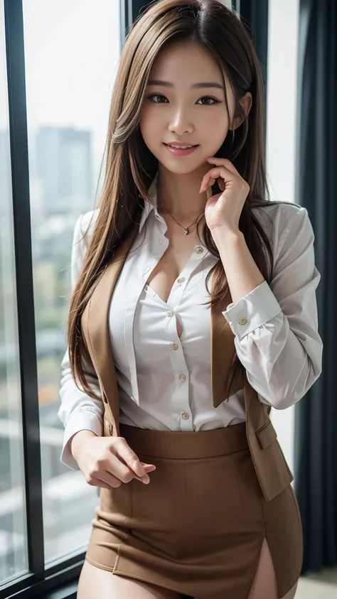  Please redeem, Realistic, Super detailed, finely, High resolution, 8K wallpaper, Beautiful woman,, Light brown messy hair, Wearing a business suit,Wear a slit skirt、 Sharp focus, Perfect dynamic configuration, finelyて美しい目, Thin Hair, Detailed and Realisti...