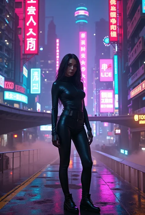 A neon theme, retrowave, cityscape, a women in cyberpunk clothing 