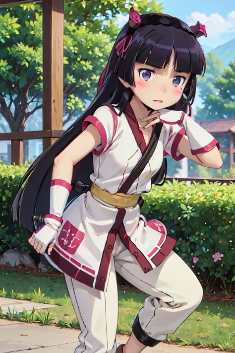 ((ruri gokou)), 1 Female, solo, (nakorurums) , bow, hairband, ainu clothes, fingerless gloves , short sleeves, Hime cut, Black Hair, Long Hair, mole, blush, garden, full body