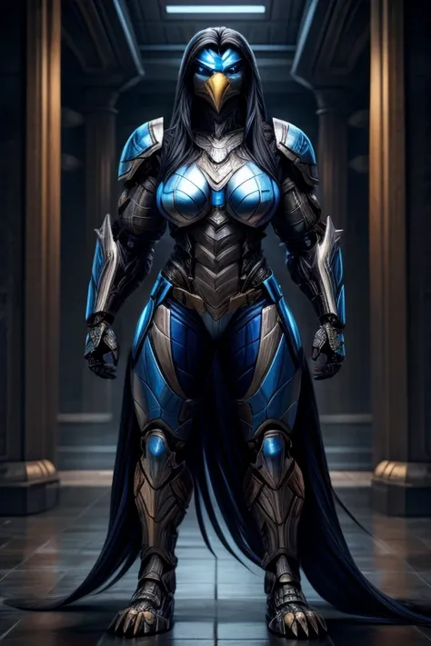 eagle with female human body, muscular and strong body, cyborg body, blue armor, long black hair. humanoid, full body.