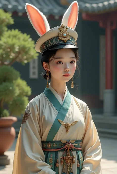 Ancient Chinese woman wearing a police hat with rabbit ears, a soldier reporting for duty.