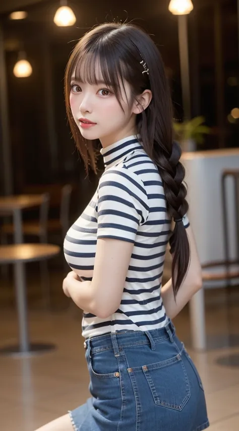 beautiful girl, Very beautiful detailed face, Laugh shyly, Deep Valley), ((With the camera behind))、(She has big breasts、(White stripes)High neck rib knit T-shirt.Denim skirt、Sideways to the viewer、Show off your thighs:1.3), (Large Breasts.), (Tight clothi...