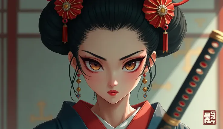 geisha warrior with focus on face deep and mysterious look anime style 

